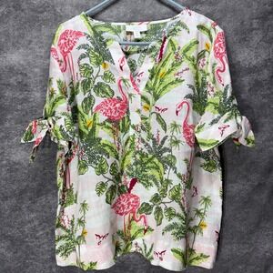 Charter Club 100% Linen Top Tee Womens L Flamingo Palm Print Tie Sleeve Tropical
